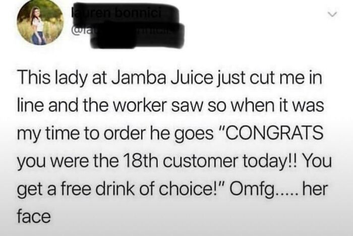 Screenshot of a chaotic good act where a worker rewards a customer who was cut in line with a free drink at Jamba Juice.