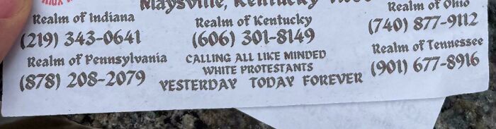 Close-up of a chaotic good act showing a handwritten note with phone numbers calling like-minded white protestants.