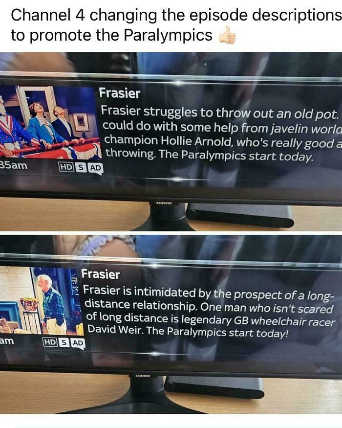 TV screen showing Frasier episode descriptions humorously changed to promote the Paralympics with chaotic good intentions.