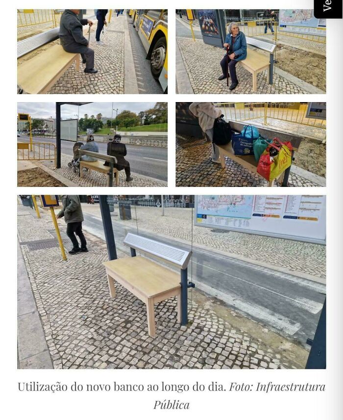 Bus stop bench with a wooden seat and metal backrest showing chaotic good design with best intentions at heart.