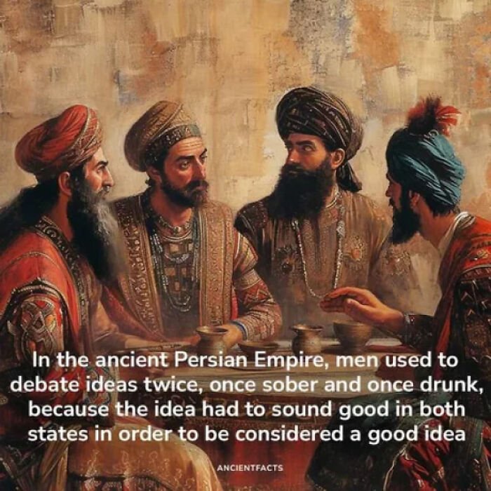 Four men in traditional Persian attire debating ideas, reflecting chaotic good acts with the best intentions at heart.