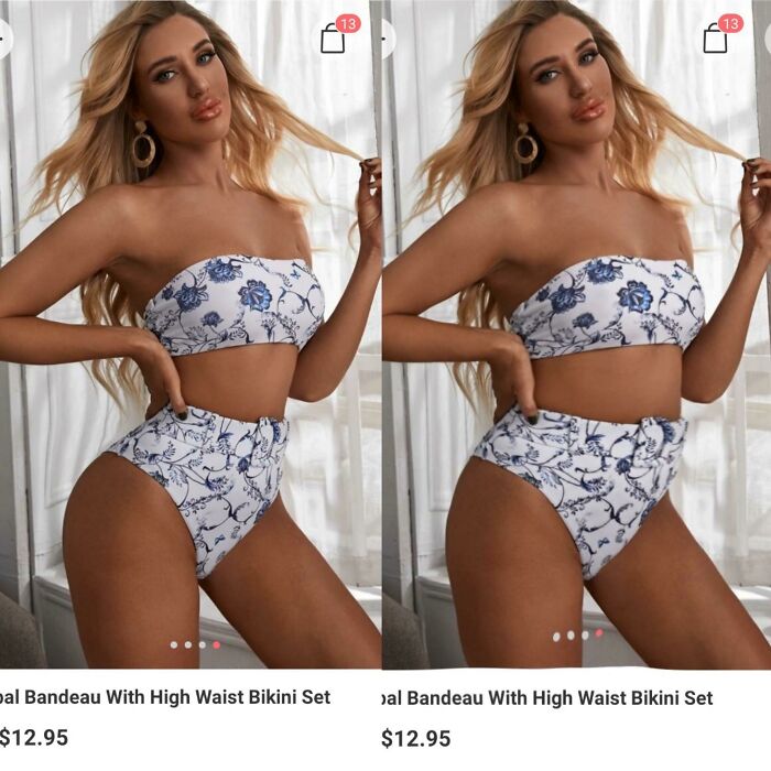 Side-by-side comparison of an influencer's Instagram post showing heavy editing on skin and body shape in a bikini.