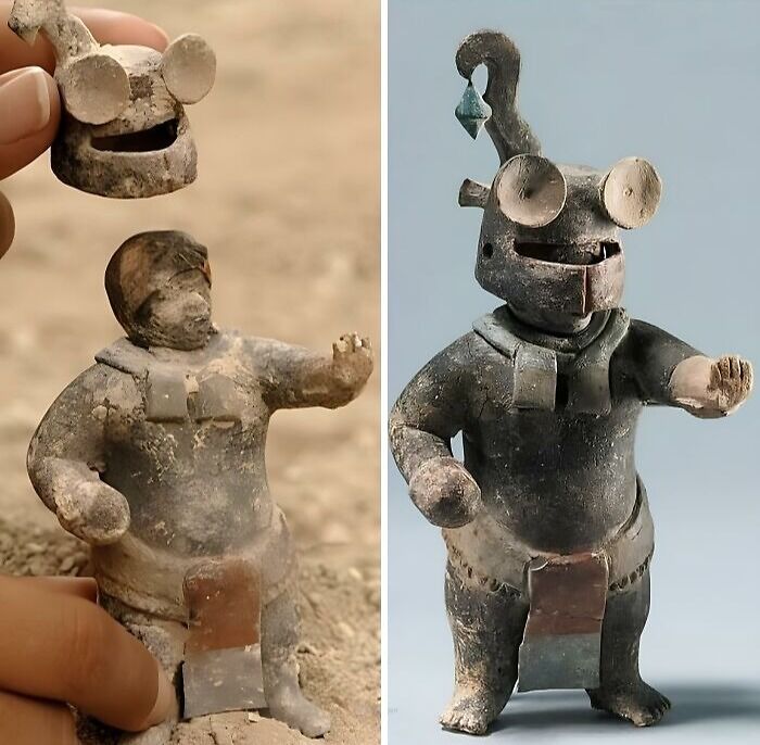 Ancient history artifacts showing detailed humanoid clay figures with unique headgear and expressive postures.