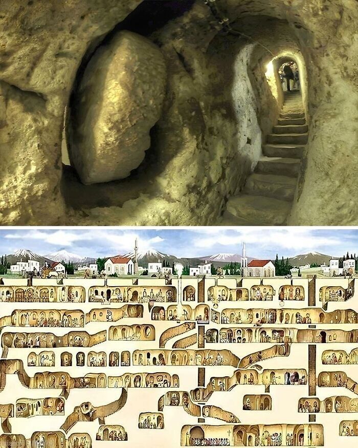 Underground ancient history tunnels with stone stairs and a detailed cross-section illustration of an ancient subterranean city.