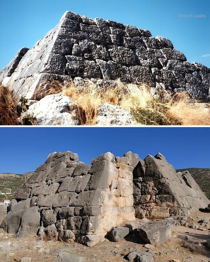 Ancient stone pyramids with weathered blocks under clear blue skies, showcasing our ancient history and archaeology.