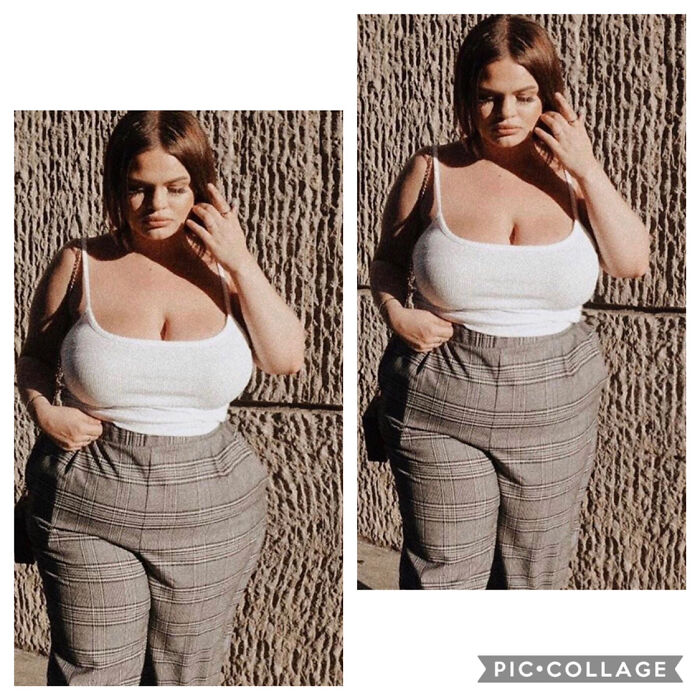Woman posing outdoors in plaid pants and white tank top, example of influencers using heavy editing on Instagram posts.