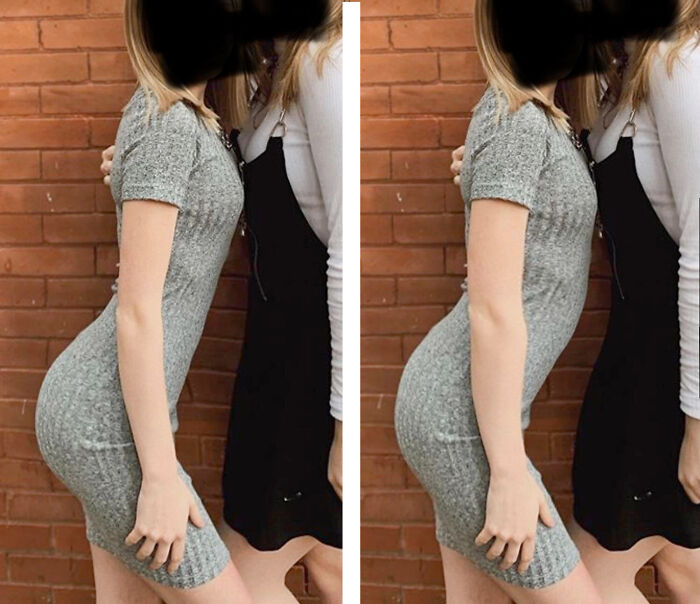 Two women posing side by side against a brick wall, showing examples of heavy editing on Instagram posts.