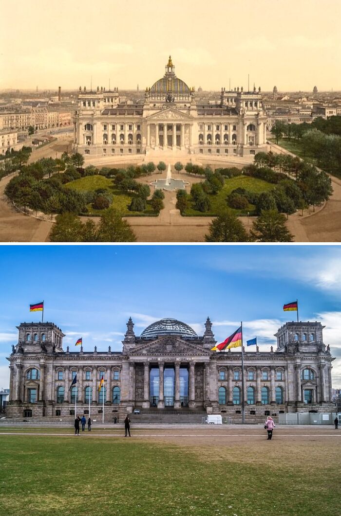 Then and now photos of a historic building showing changes in architecture and surroundings over time.