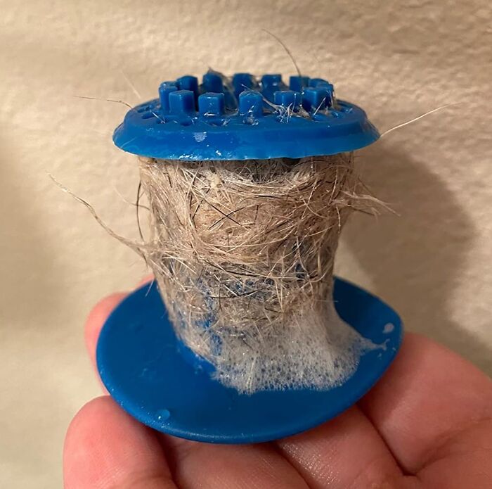 Blue lint trap filled with hair and soap scum, demonstrating a common home cleaning discovery for life threw lemons.
