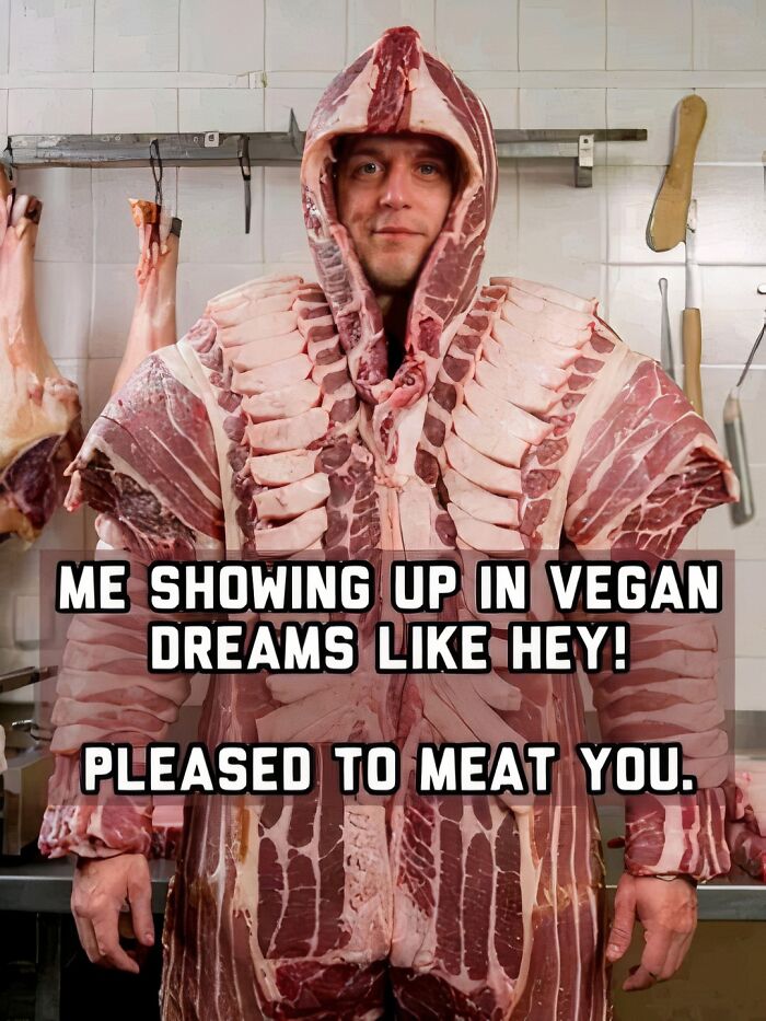 Man in a raw meat costume standing in a butcher shop, illustrating relatable hospitality work humor meme.