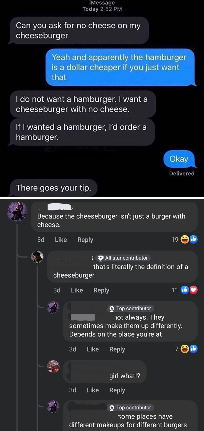 Text message and social media exchange showing people correcting each other about cheeseburger definitions in an online group.