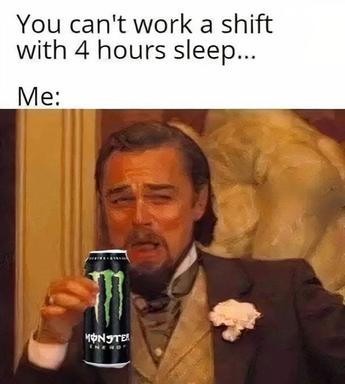 Man in vintage suit holding energy drink can, tired expression, illustrating relatable hospitality work memes about lack of sleep.