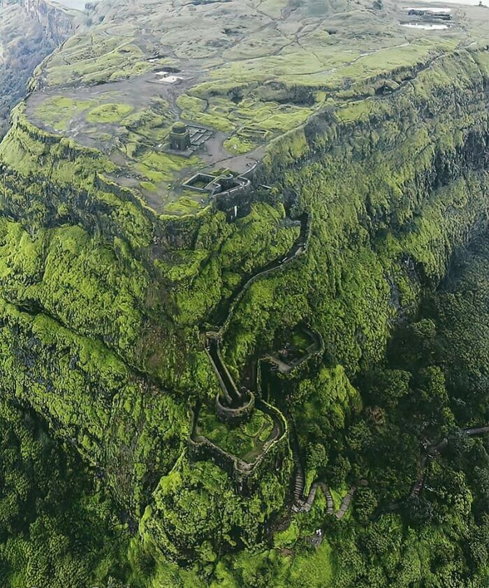 Aerial view of ancient history ruins covered in lush greenery on a steep cliff, showcasing historical architecture and landscape.
