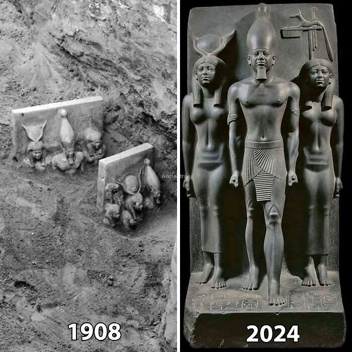 Ancient history artifact excavated in 1908 compared to a restored statue of Egyptian figures in 2024.