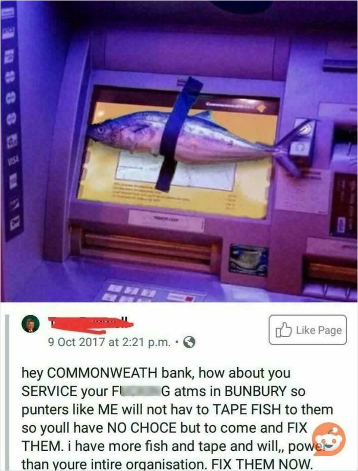 ATM machine with a fish taped to the screen, showing chaotic good act done with good intentions humorously.