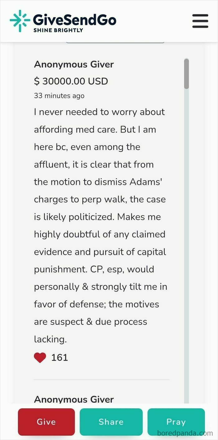 Anonymous giver donates $30,000 USD on GiveSendGo showing chaotic good intent to support a politicized case with good intentions.