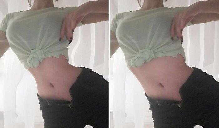 Side-by-side comparison of an influencer’s heavily edited Instagram posts showing altered waist and hip areas.