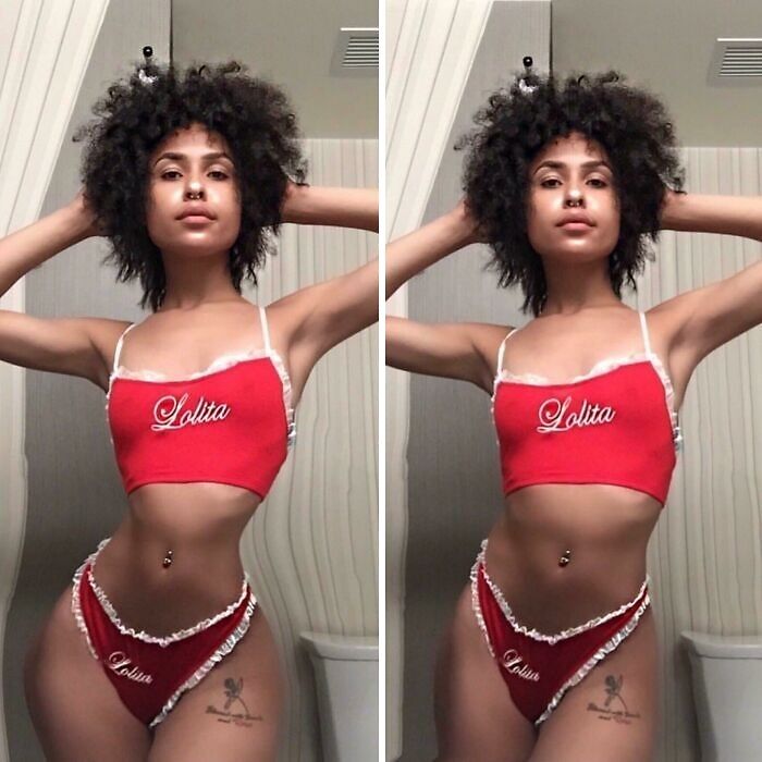Young influencer posing in red outfit with heavy editing evident in Instagram post comparison photos.