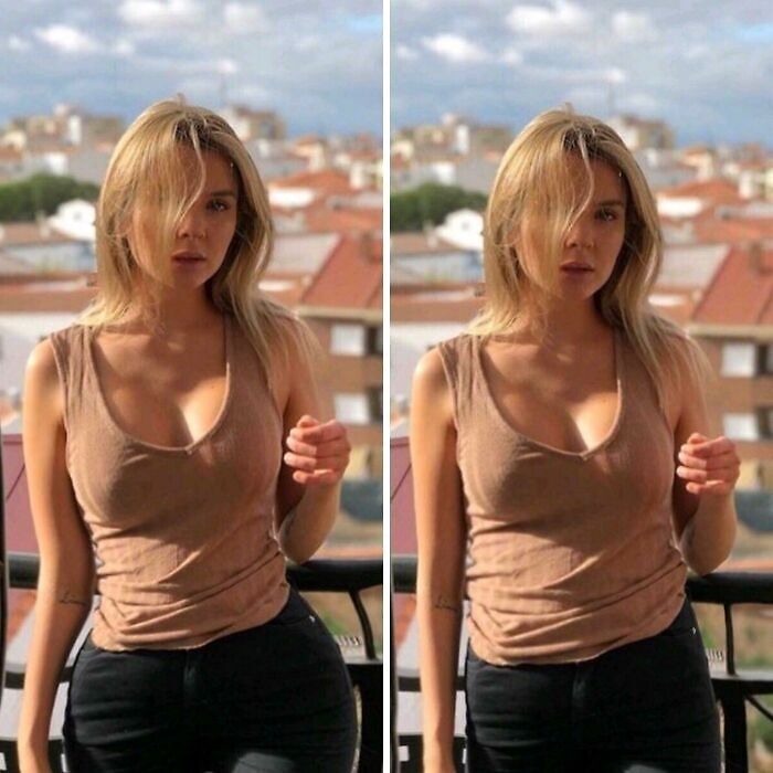 Woman posing on balcony in side-by-side images showing heavy editing used by influencers on Instagram posts