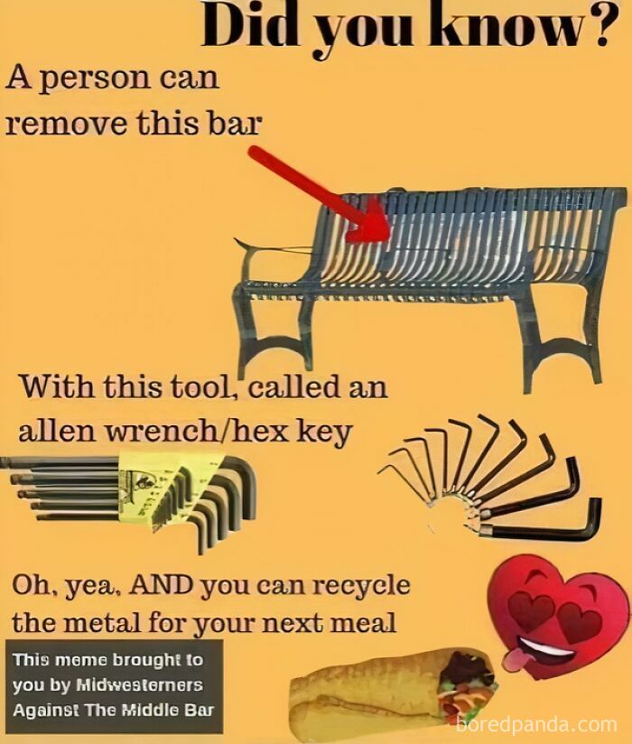 Image showing a bench with a removable bar highlighted, allen wrenches, and recycling metal humor related to chaotic good acts.