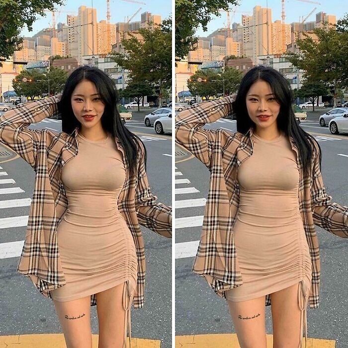 Side-by-side photos of a woman in a beige dress and plaid shirt, showing examples of heavy editing on Instagram posts.