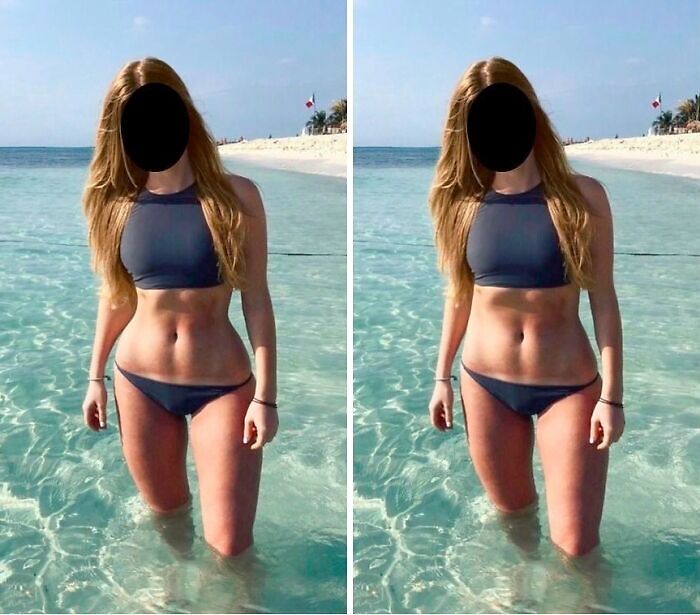 Side-by-side comparison of influencer photos at the beach highlighting heavy editing on Instagram posts.