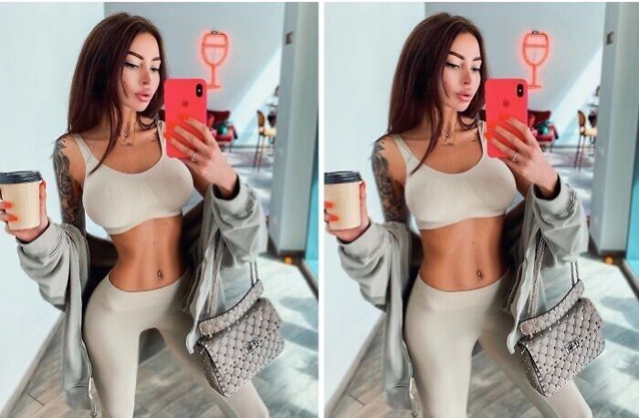 Influencer taking a mirror selfie holding coffee, showcasing heavy editing on Instagram posts with noticeable body shape differences.