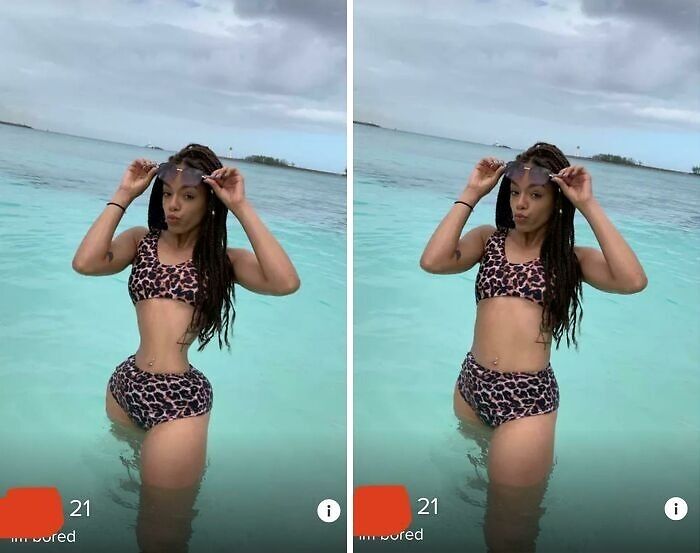 Side-by-side photos of a woman in a leopard print bikini in water, showing influencer heavy editing on Instagram posts.