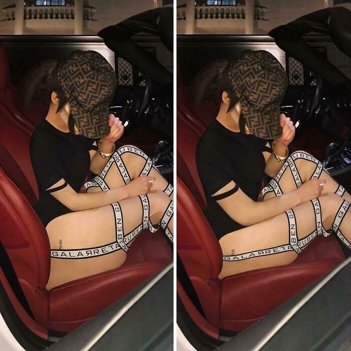 Young woman sitting in a car with a hat, showing edited legs in a side-by-side comparison of heavy Instagram photo editing.