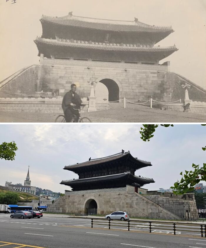 Then and now photos showing architectural changes of a historic gate with evolving urban surroundings over time.