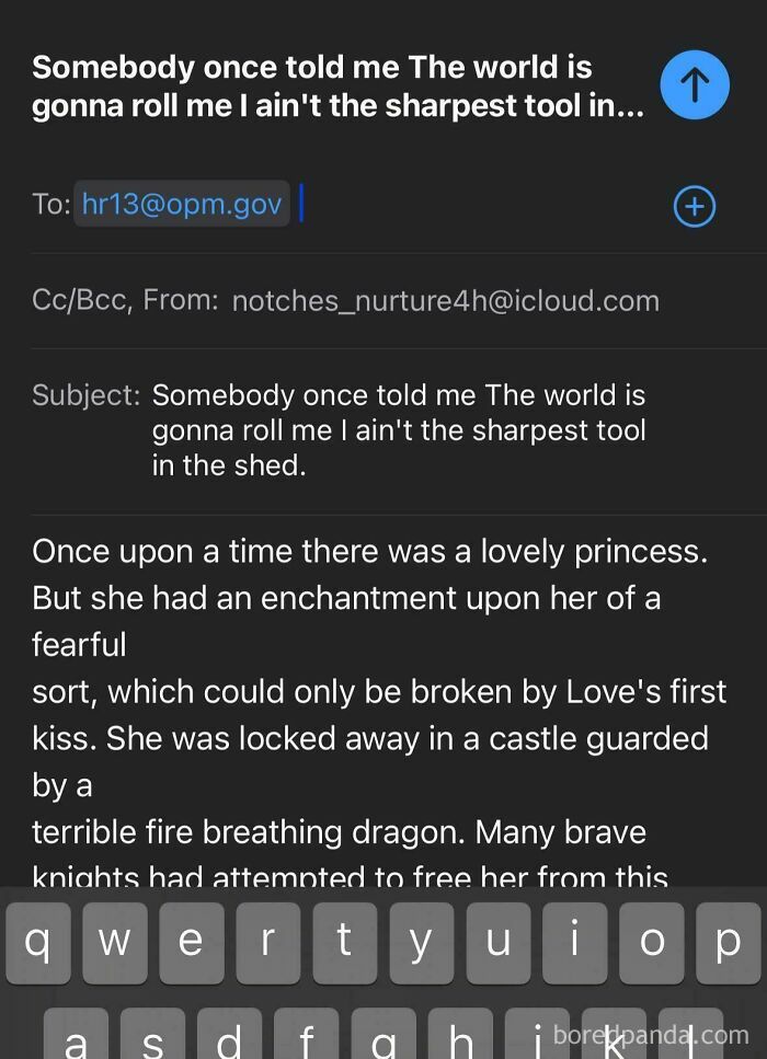 Email draft displaying chaotic good text with a keyboard visible, showcasing unhinged acts with best intentions.