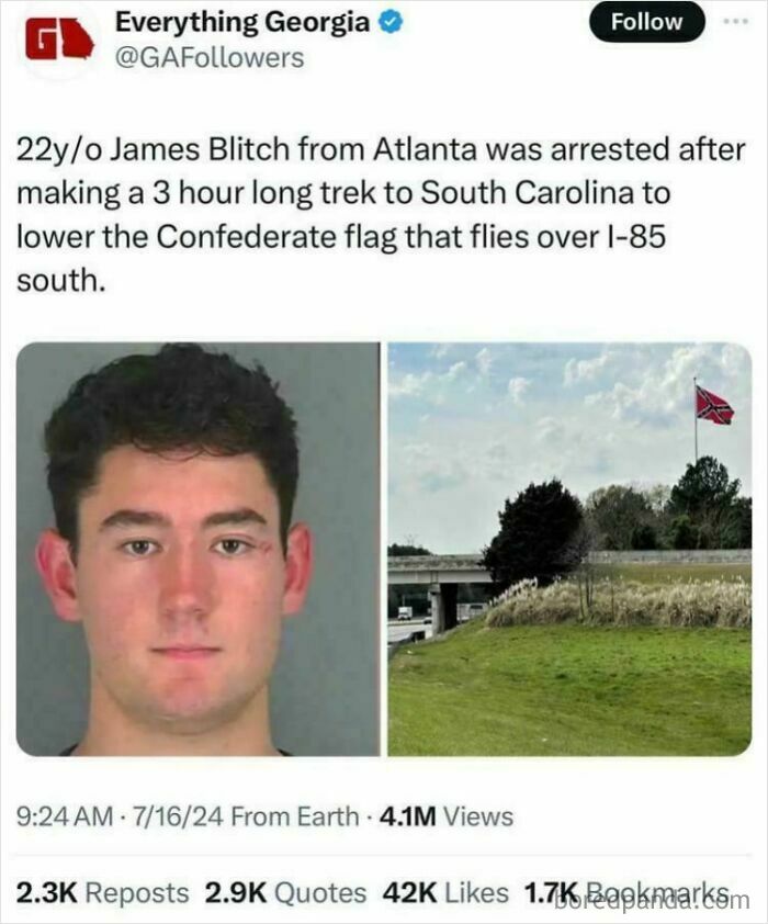 Young man arrested for chaotic good act of lowering Confederate flag over highway in South Carolina with good intentions.