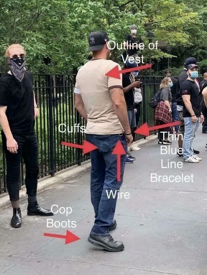 Group of people outdoors with overlays highlighting chaotic good acts, including cuffs, wire, and thin blue line bracelet details.