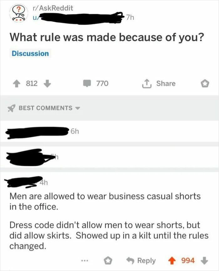 Reddit discussion about men breaking dress code rules with shorts and kilts showing chaotic good acts with best intentions.