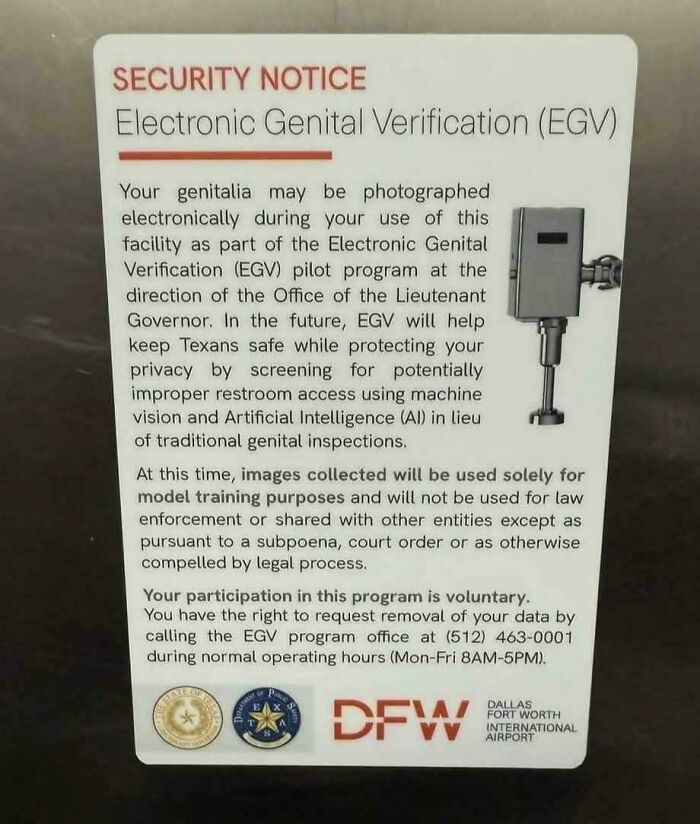 Security notice about Electronic Genital Verification at Dallas Fort Worth Airport for chaotic good unhinged acts with best intentions.