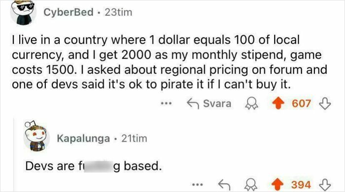 Reddit post about chaotic good people discussing regional pricing and pirating games with good intentions.