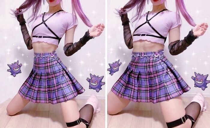 Young influencer posing in a purple plaid skirt with edited effects showing heavy Instagram post editing exposure.