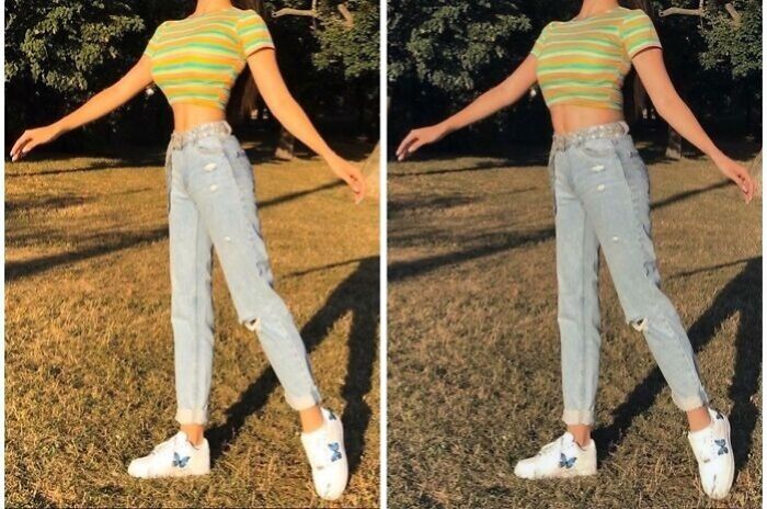 Side-by-side photos showing heavy editing on an influencer’s Instagram post, highlighting distorted body proportions.