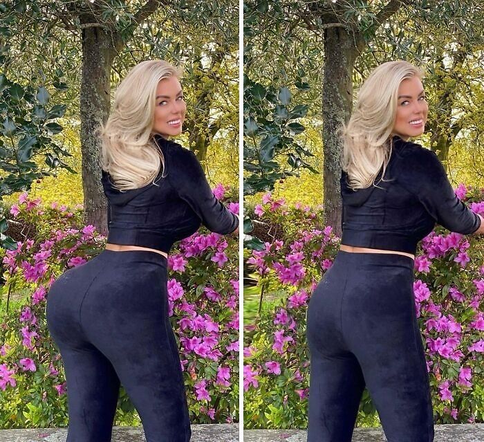 Side by side images of a woman in black outfit posing outdoors, highlighting influencer heavy editing on Instagram posts.
