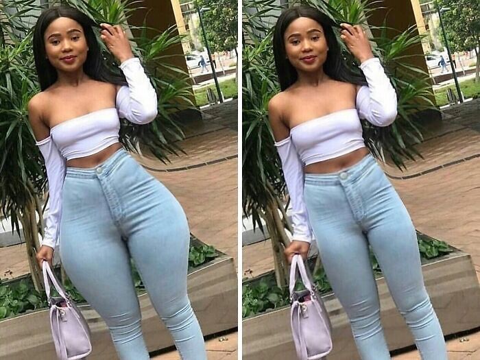 Side-by-side comparison of influencer photos showing heavy editing differences in body shape on Instagram posts.