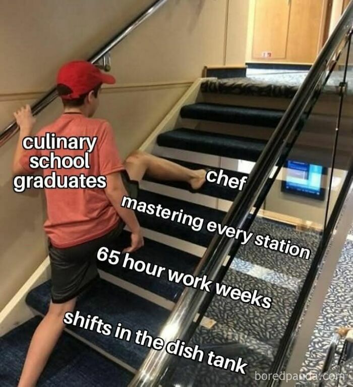 Young worker humorously crawling up stairs labeled with hospitality work challenges, illustrating working in hospitality struggles.