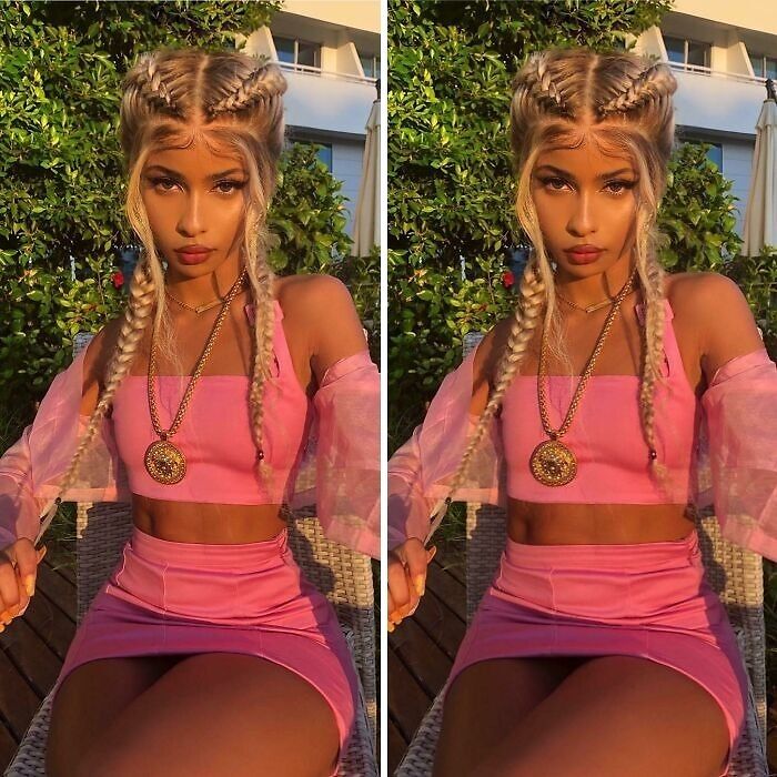 Young woman with braided hair wearing a pink outfit, sitting outdoors, illustrating influencers using heavy editing on Instagram posts.
