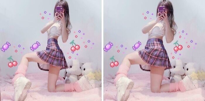 Influencer posing in a plaid skirt and pink socks with visible signs of heavy editing on Instagram photos.