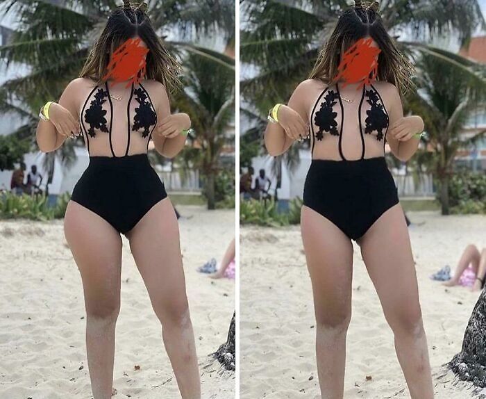 Side-by-side photos of an influencer at the beach showing heavy editing differences on their Instagram posts.