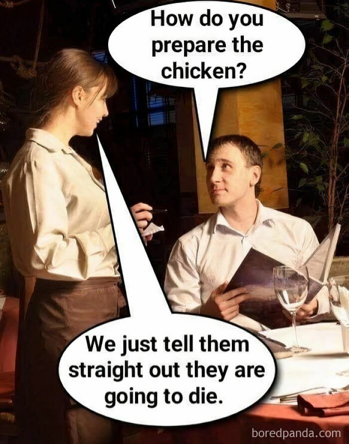 A restaurant server taking an order from a customer with a humorous hospitality meme about preparing chicken.