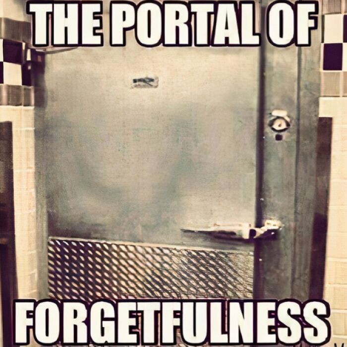 Metal door in a kitchen labeled as the portal of forgetfulness, illustrating a relatable hospitality work meme.