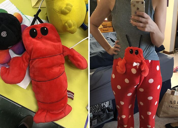 Plush lobster gift held by person in grey tank top and red polka dot pants, symbolizing unique friendship gift ideas.