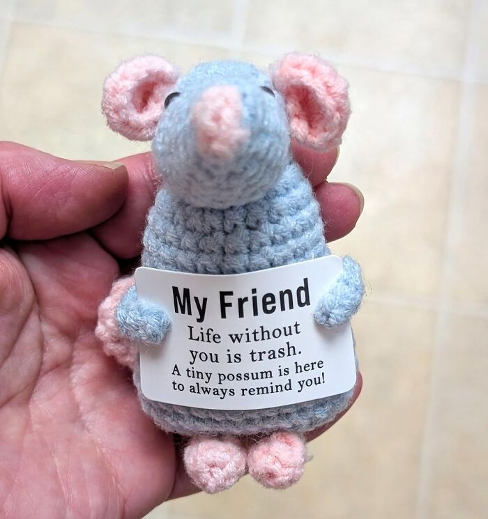 Hand holding a crocheted possum gift with a note, representing unique and beautifully unhinged friendship gifts.