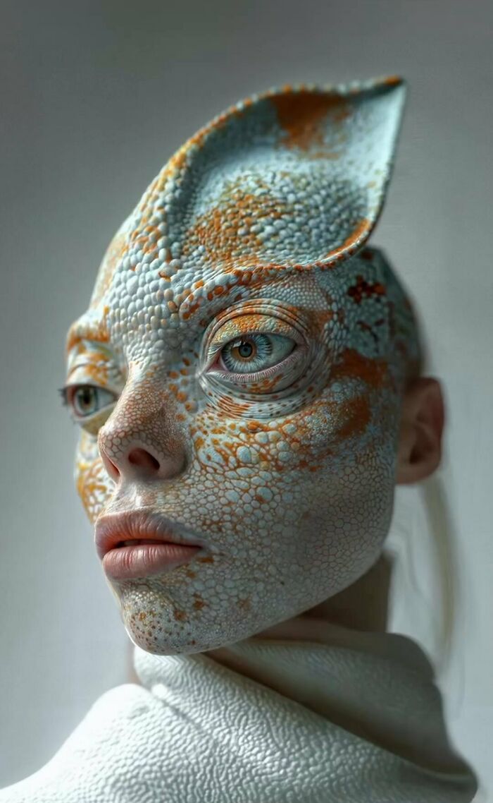 Surreal portrait blending human features with reptilian textures and animal instincts, exploring identity and imagination.
