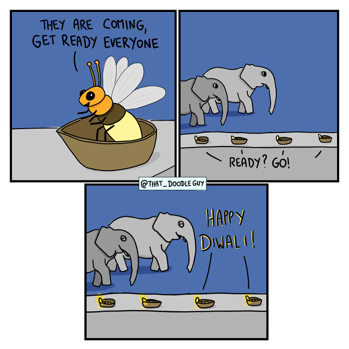Cartoon comic featuring cute animals, including a bee and elephants, celebrating with lamps in a ridiculosly cute animal comic style.